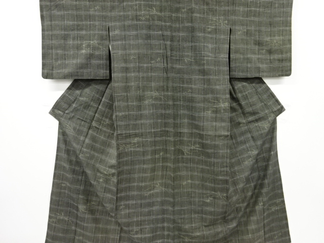 JAPANESE KIMONO / ANTIQUE HITOE KIMONO / HAND WOVEN TSUMUGI / GRID & BAMBOO GRASS
